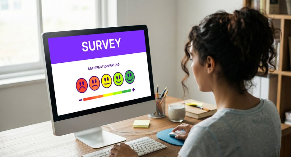 Person at a home office desk viewing a customer satisfaction survey on a computer screen, showing a range of rating icons from unhappy to happy.