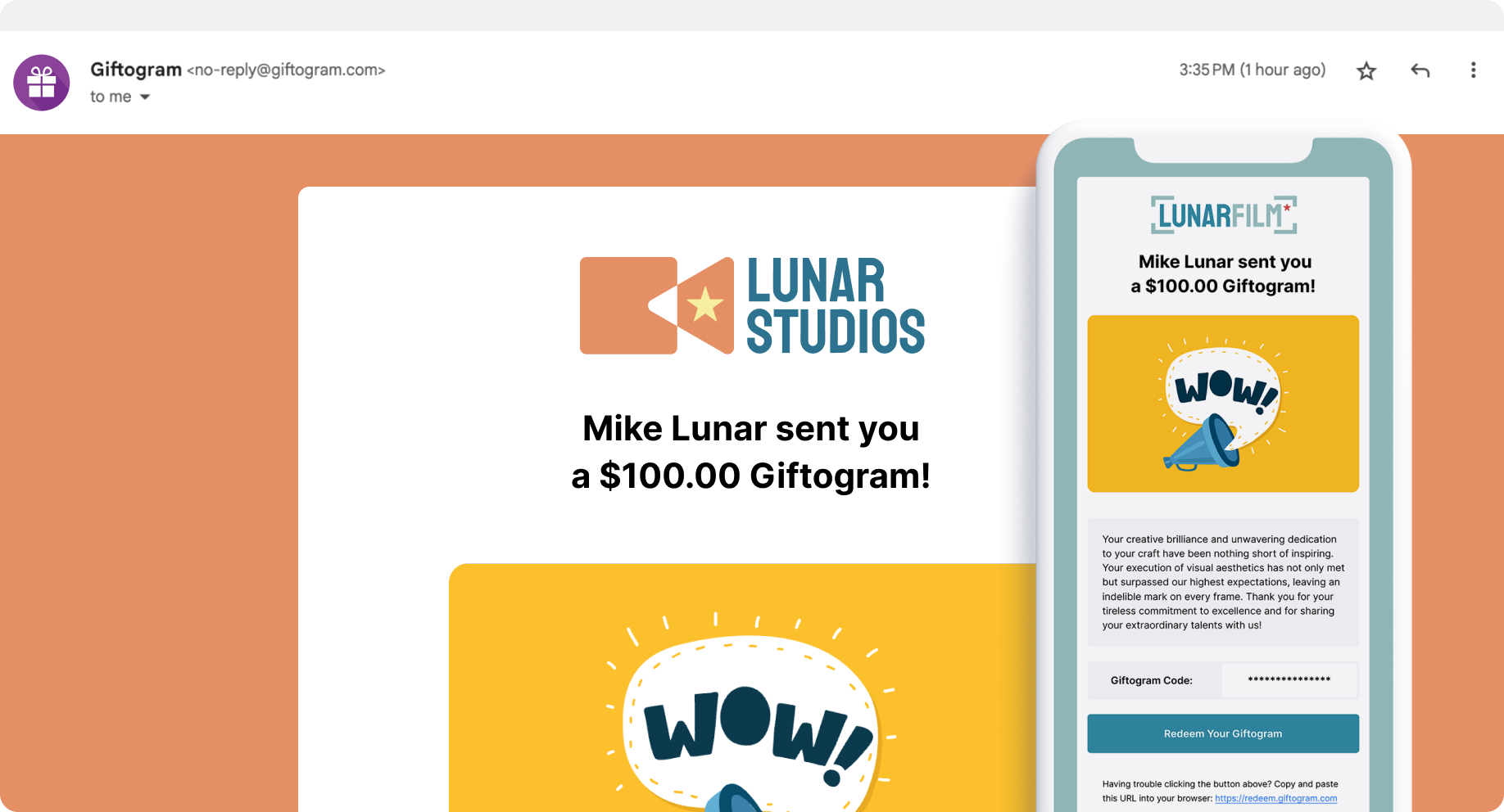 Two versions of a Giftogram email using two different custom Brand Kits