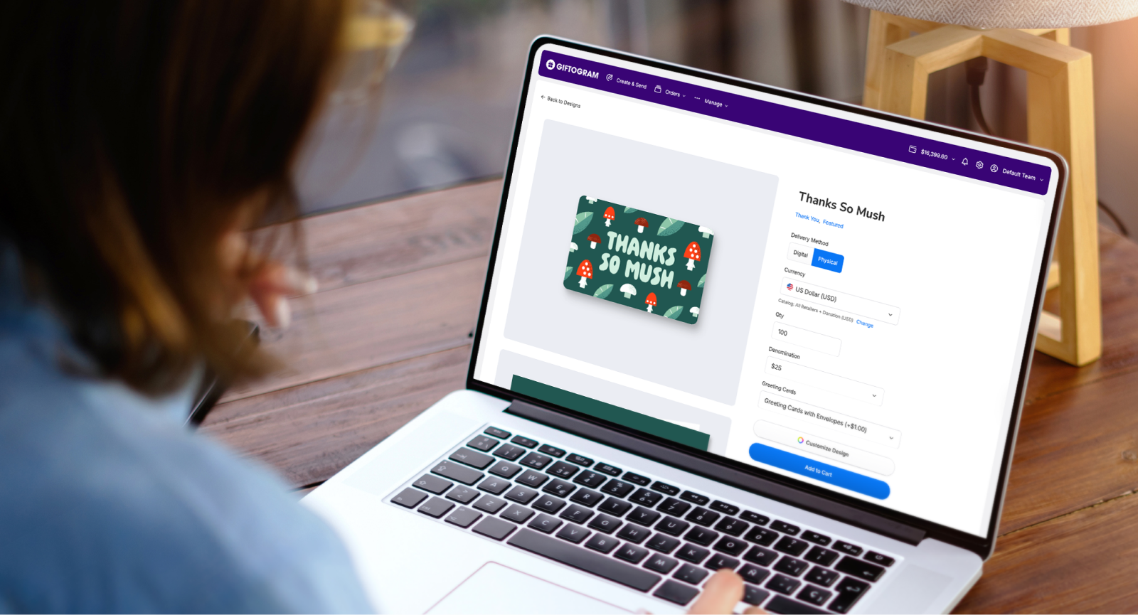 Giftogram platform showcasing a thank you gift card design