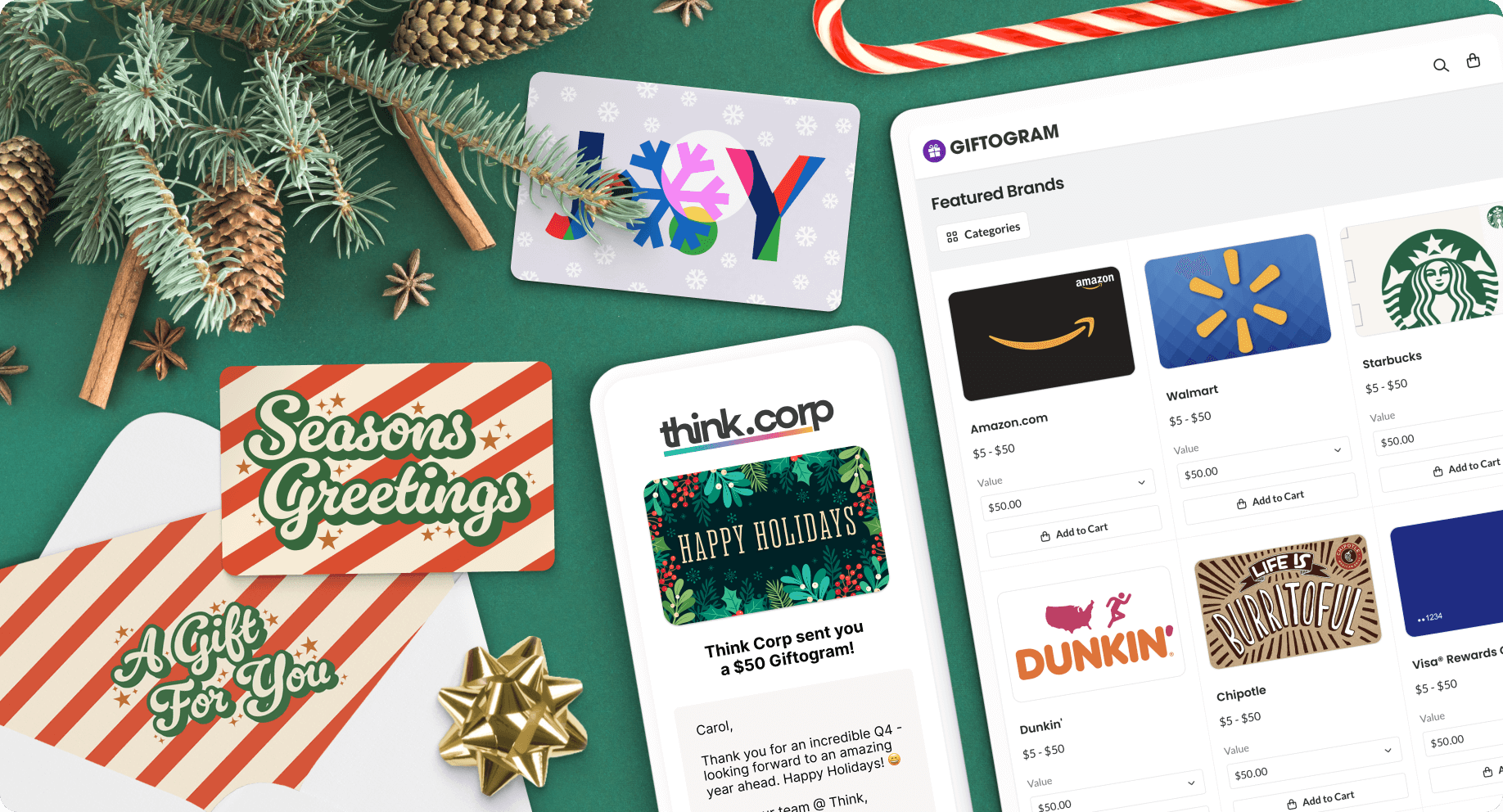 collage of holiday gift cards, seasonal decorations, a close up of a Giftogram email, and webpage of the storefront