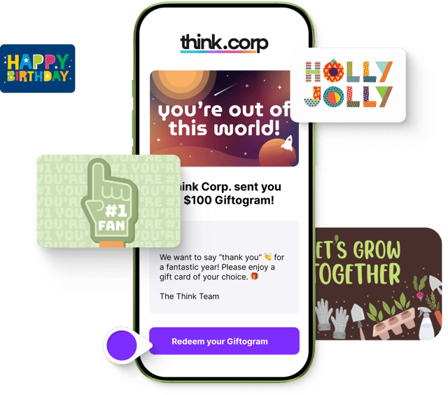 A mobile phone shows a customizable Giftogram email with a 'thank you' message, surrounded by diverse gift card designs.