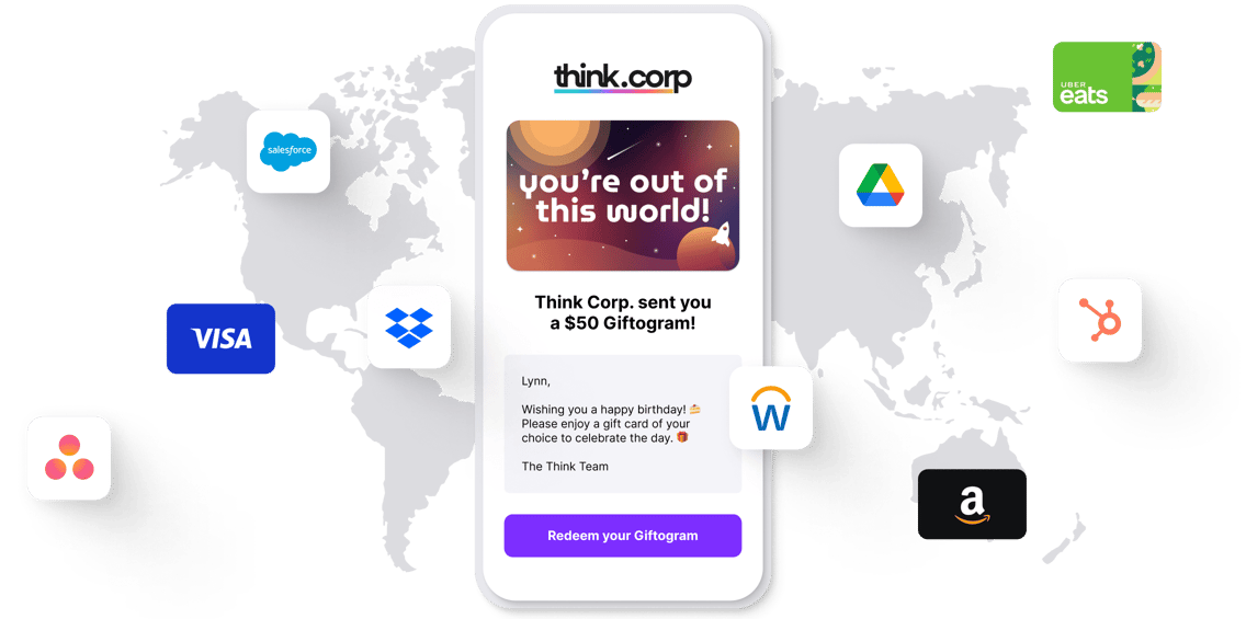 Smartphone displays personalized Giftogram birthday email from Think Corp. Logos for top brands on world map show global gift choices.