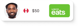 Recipient profile, Canadian flag, $50 value, and Uber Eats logo, showcasing a gift card option.