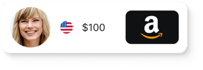 Smiling woman's profile, US flag, and a $100 Amazon gift card representing a Giftogram reward.