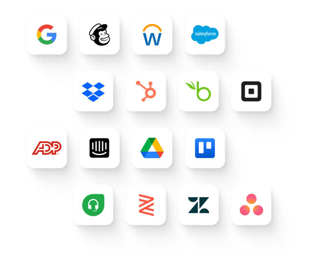 Logos of Giftogram integrations including Google, Mailchimp, Salesforce, HubSpot, Dropbox, ADP, and Trello.