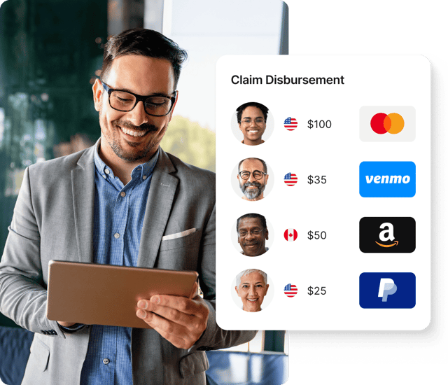 Smiling executive with a tablet, managing Giftogram's flexible claim disbursements to incentivize and reward.
