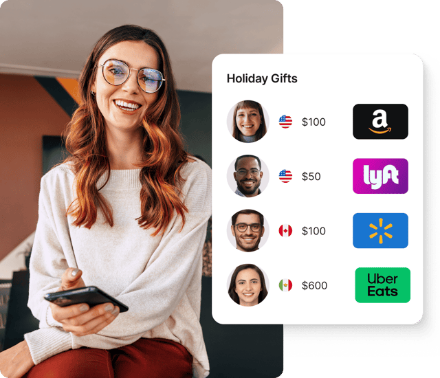 Smiling woman holding phone, alongside Giftogram screen showing holiday gift options for employee appreciation.