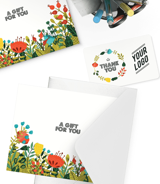 Various Giftogram gift cards and an envelope. One card says 'A GIFT FOR YOU' with florals, another 'THANK YOU' with a custom logo.