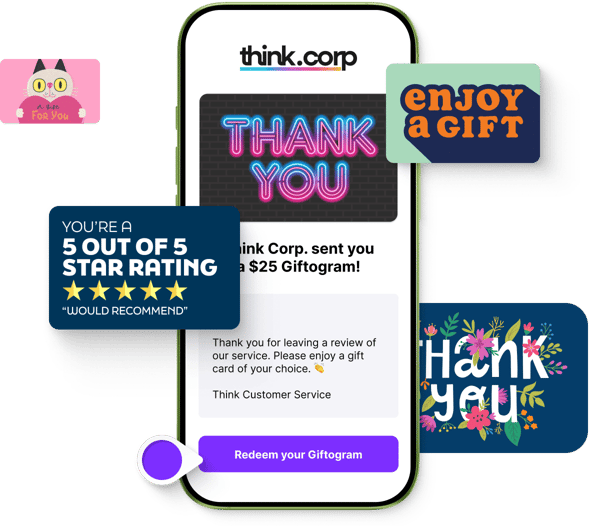 A phone shows a Giftogram email thanking a customer for a 5-star review, demonstrating appreciation. Various gift card designs float around.