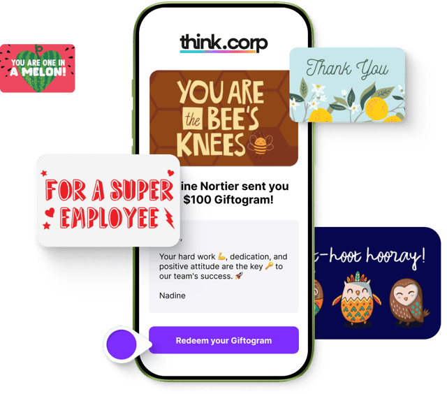 A smartphone displaying a $100 Giftogram email with various custom designs for employee appreciation and recognition.
