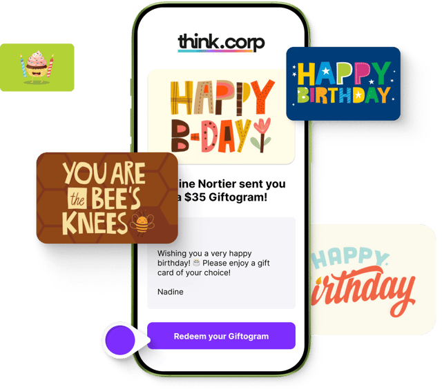 Phone shows a digital $35 Giftogram birthday message. Diverse gift card designs like 'Happy B-Day' and 'Bee's Knees' highlight appreciation.