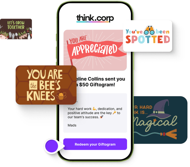 Smartphone displays a Giftogram appreciation email. Various themed gift card designs, like 'You Are Appreciated' and 'Bee's Knees', surround it.
