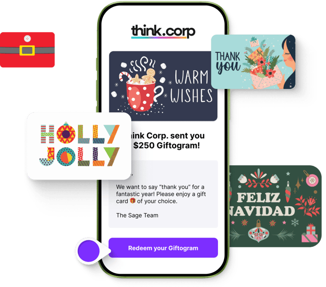 Smartphone displays a $250 Giftogram email for appreciation, surrounded by colorful holiday and thank-you card designs.