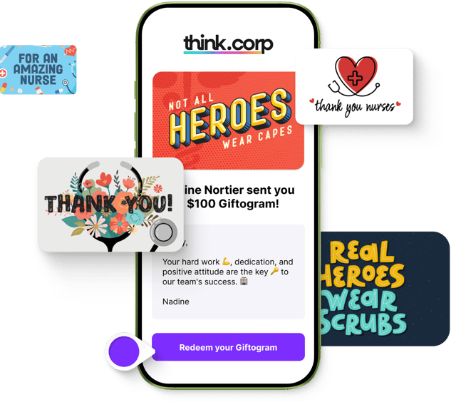 Giftogram on phone with 'heroes' card & thank you cards for nurses. Shows employee appreciation.