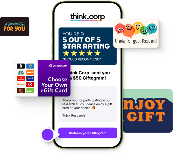 Mobile phone screen showing a Giftogram email from Think Corp, incentivizing research participation with a $50 eGift card choice.