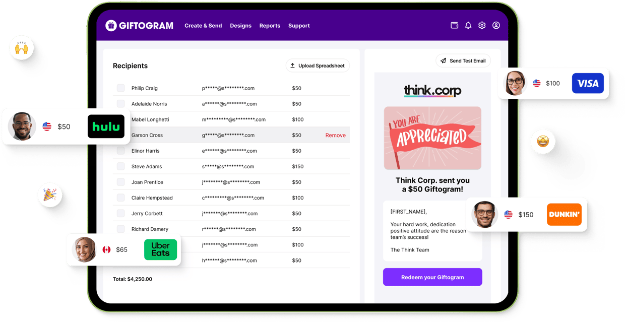 Giftogram dashboard: B2B gift card platform showing recipient list and a preview of a personalized digital gift card. Perfect for recognition.