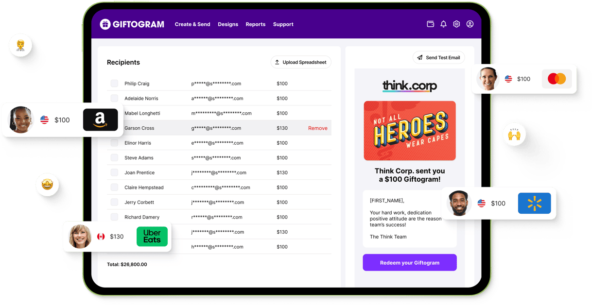 Giftogram dashboard displaying a recipient list and a preview of a branded giftogram, showing various gift card options to appreciate employees.