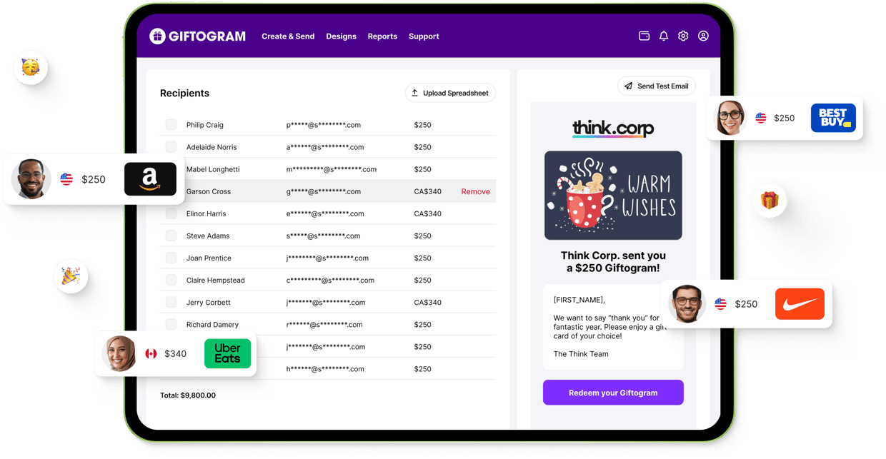 Giftogram dashboard for bulk sending gift cards, showing recipient list and a personalized preview with options like Amazon and Best Buy.