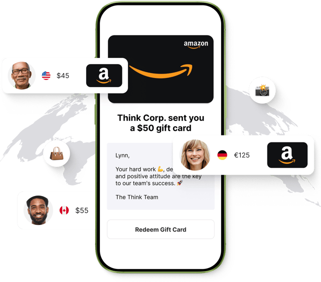 Giftogram mobile screen shows an Amazon gift card from "Think Corp." to "Lynn" for her hard work. Other global recipients symbolize widespread employee recognition.