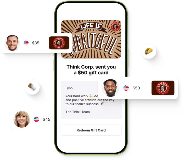 Smartphone displays a Giftogram showing appreciation for Lynn's hard work. Floating gift cards and profiles represent various recognition rewards.