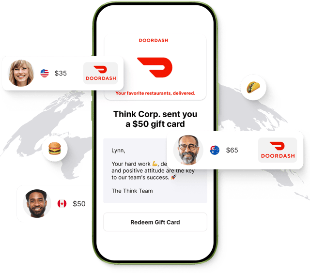 Giftogram mobile screen with $50 DoorDash gift card for appreciation. Floating profiles and cards show diverse global recognition.