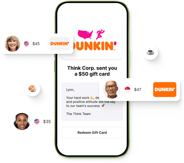 Mobile phone displays a $50 Giftogram Dunkin' card with an appreciation message for an employee's hard work. Various gift cards and recipients float around.