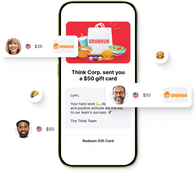 Mobile phone screen displaying a Giftogram for a Grubhub gift card with a message of appreciation. Floating cards show recipients.