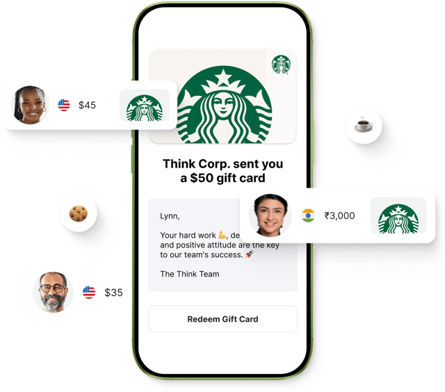 Giftogram mobile screen with a $50 Starbucks gift card and an appreciation message. Floating recipients show global recognition for hard work.