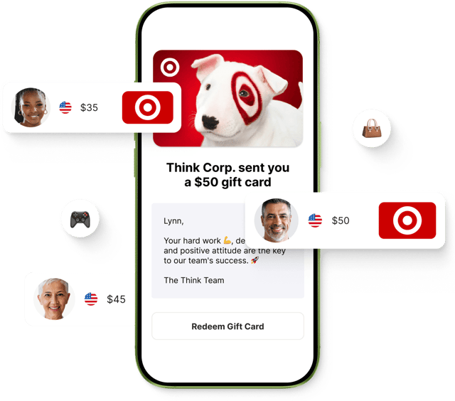 Mobile screen shows a $50 Giftogram Target gift card for employee recognition. Surrounding elements show gift card choices and recipients.