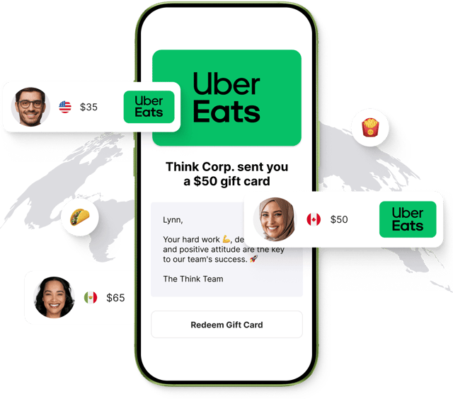 Giftogram screen showing a personalized Uber Eats gift card, surrounded by other recipient profiles and gift cards, on a world map, demonstrating global appreciation.