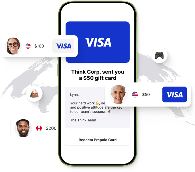 Digital gift card on a phone shows employee recognition to Lynn from "Think Corp.". Diverse recipient profiles and gift options float around.