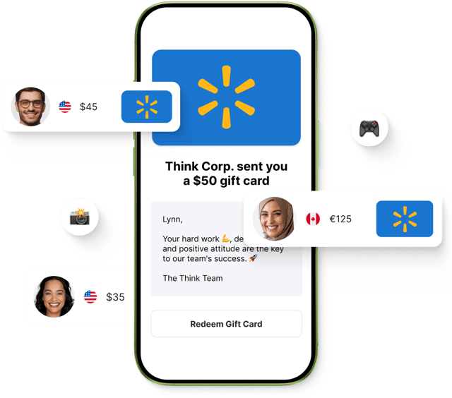 Mobile screen showing a $50 Giftogram from Think Corp. with a personalized message. Represents diverse employees receiving gift cards, fostering appreciation.