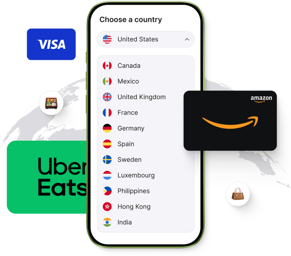 Mobile screen with a global country selection menu, surrounded by gift card logos for brands like Visa, Uber Eats, and Amazon.