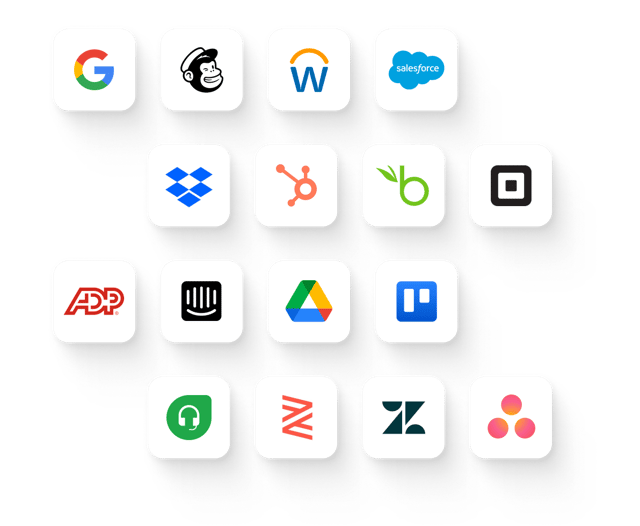 Logos of popular business software integrations, including Google, Salesforce, Mailchimp, Dropbox, ADP, and Trello.