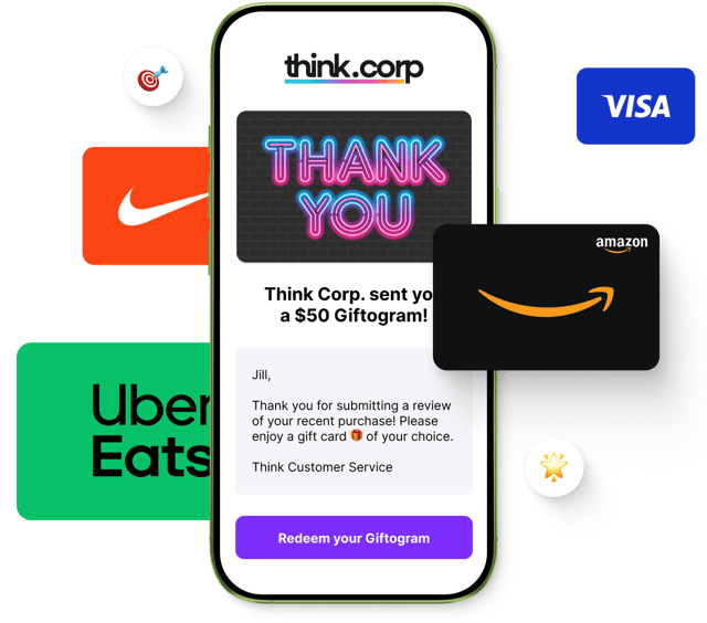 Smartphone with Giftogram thank you email for a review, surrounded by popular gift cards like Amazon, Nike, Uber Eats, and Visa.