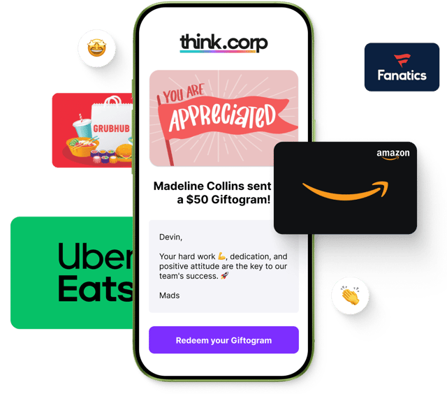 A smartphone displays a Giftogram email showing appreciation from 'think.corp', surrounded by gift card choices like Amazon, Uber Eats, and Fanatics.