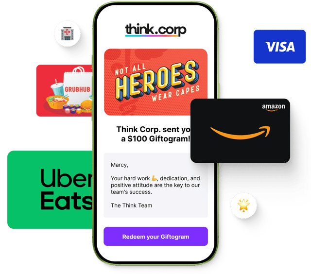 Giftogram email on phone showing 'Heroes' card, thanking Marcy. Surrounded by Grubhub, Uber Eats, Amazon, and Visa gift cards.