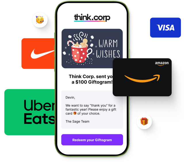 Mobile screen displays a Giftogram email for employee appreciation, offering choices from brands like Amazon, Nike, Uber Eats, and Visa.