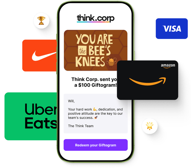 Giftogram from Think Corp. for employee appreciation, featuring top brands like Nike, Amazon, Uber Eats, Visa.