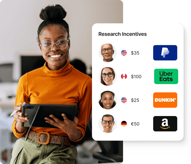 Smiling woman holds a tablet, alongside a Giftogram screen displaying research incentives with PayPal, Uber Eats, Dunkin', and Amazon.