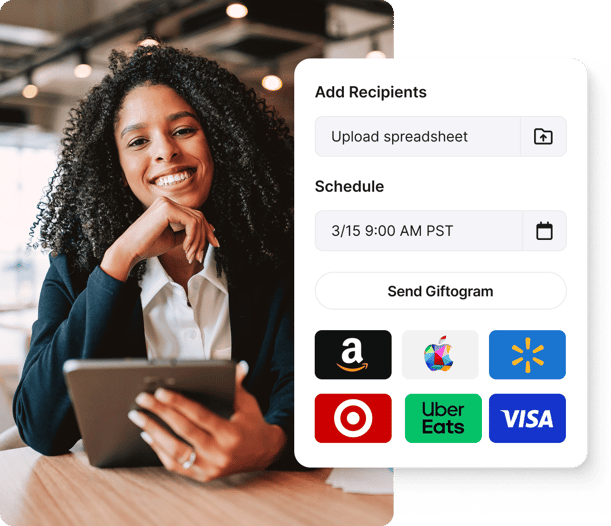 Professional woman smiling with a tablet, next to Giftogram UI for scheduling gift card sends for employee recognition.