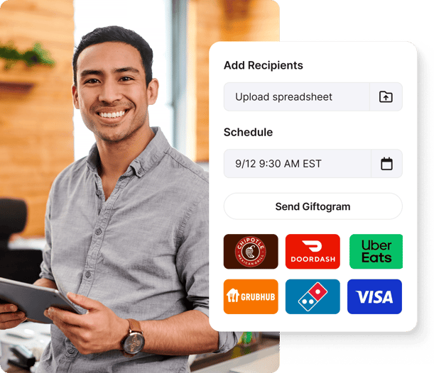 Smiling man with tablet, next to Giftogram interface for scheduling & sending gift cards to recipients, improving recognition.