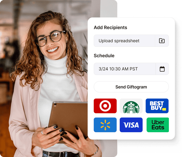 Smiling woman next to Giftogram screen for recipient upload, scheduling, and sending top brand gift cards. Improving recognition.