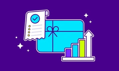 Illustration of a receipt, a gift card, and a rising bar chart