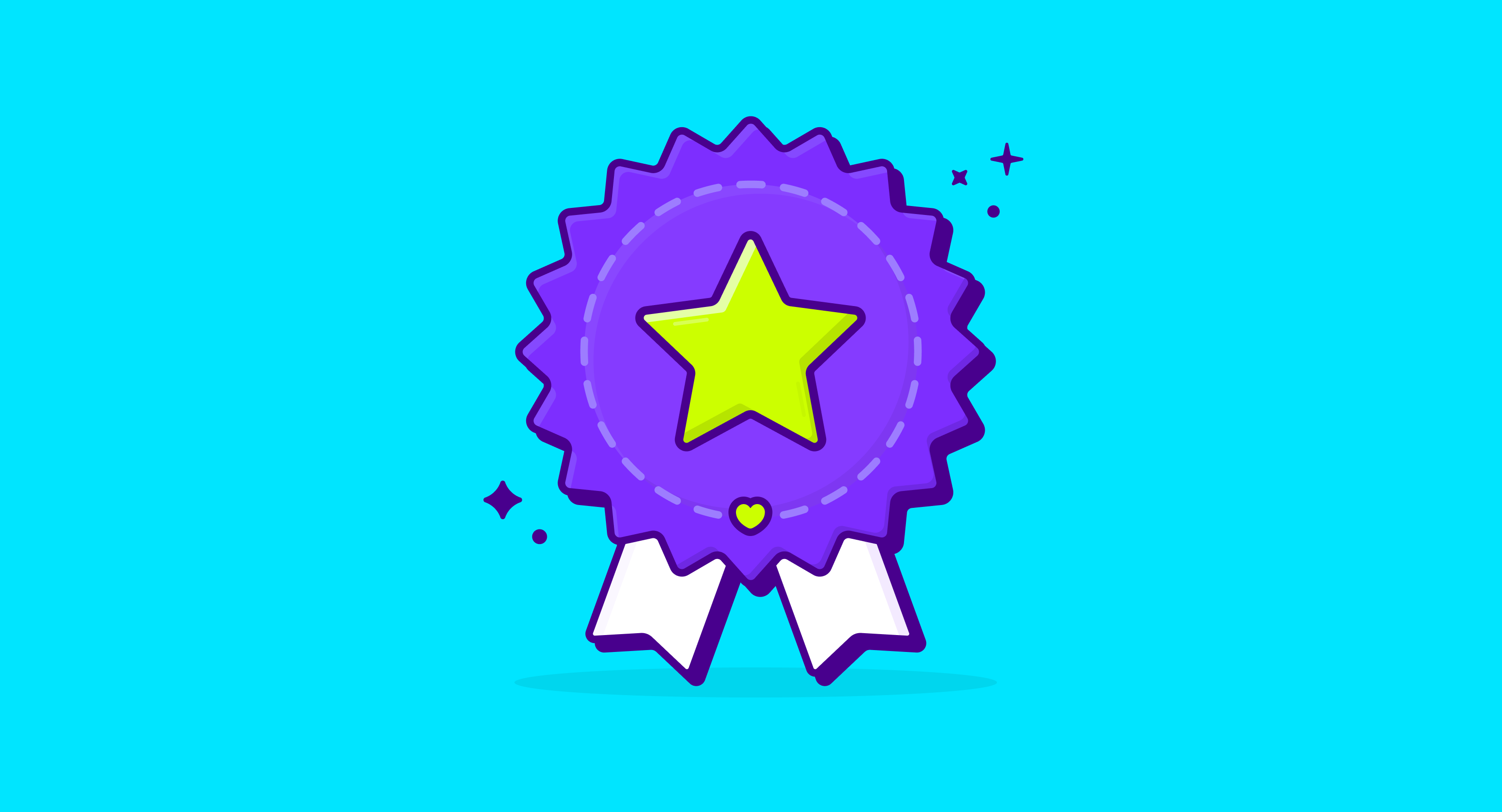 Purple prize ribbon with a bright yellow star on a blue background, representing recognition and excellence.