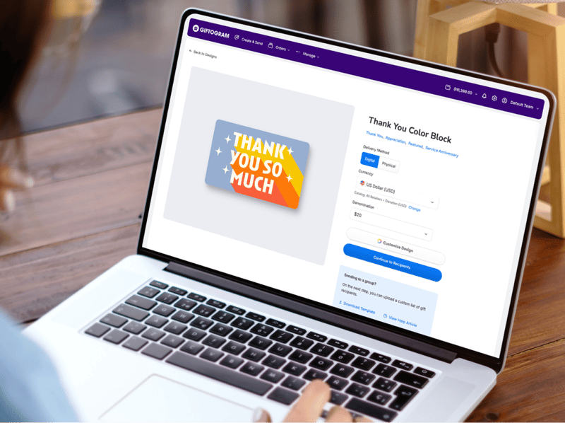 Person customizing a "Thank You So Much" gift card design on the Giftogram platform to show appreciation.