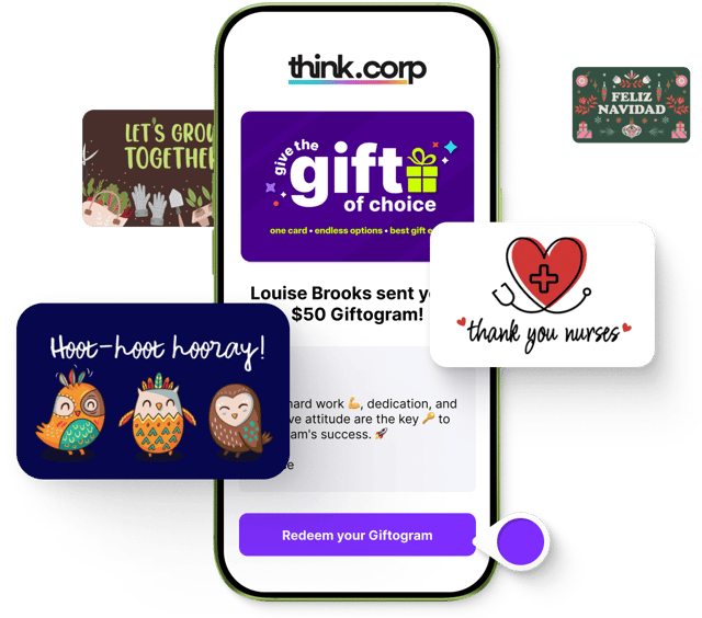 A smartphone shows a Giftogram email with a galaxy design. Other custom cards, for gardening, owls, holidays, and nurses, surround it.
