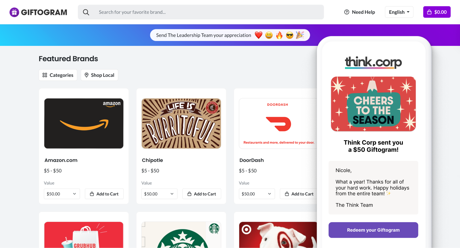 A Giftogram shopping page showing featured gift card brands like Amazon, Chipotle, DoorDash, and more. On the right, a preview displays a “Cheers to the Season” Giftogram with a holiday message sent from Think Corp.