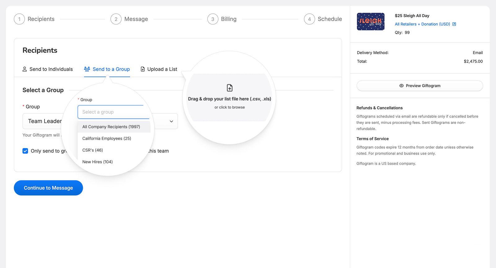 A Giftogram recipient selection screen showing options to send gifts to individuals, groups, or an uploaded list. A magnified circle highlights the group dropdown menu and the file upload area. Order details appear on the right.