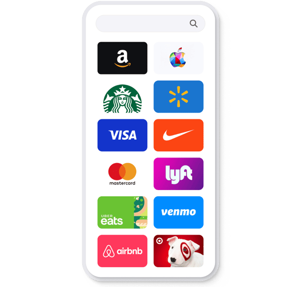 Smartphone screen displaying a wide selection of popular gift card brands like Amazon, Apple, Starbucks, and Target.